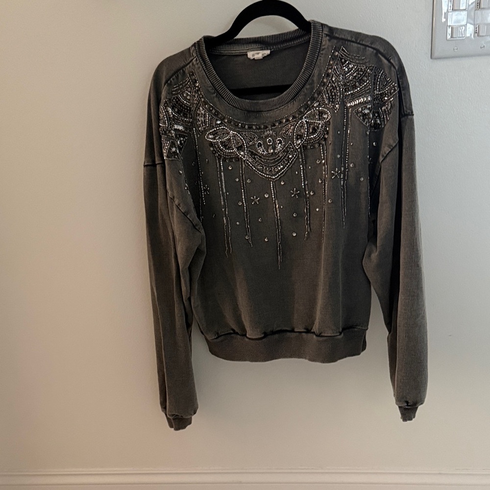 Pilcro Charcoal Crystal and Sequin Embellished Sweatshirt